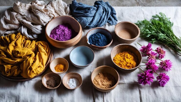 A Vibrant Display of Natural Dyes and Textiles: Exploring Colorful Powders, Fabrics, and Fresh Flora in a Rustic Setting