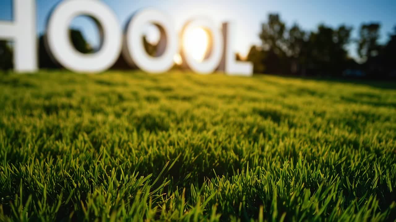 Vibrant green grass fills the foreground, while a large, out of focus SCHOOL sign stands in the background, creating a serene and inviting educational setting
