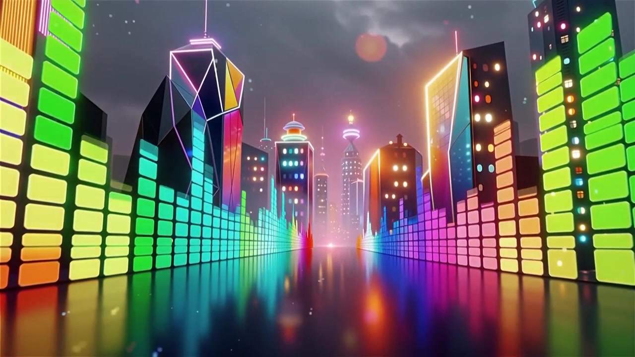 Fundo Futurista com Visualizador de Equalizador de Música Neon Arco-Íris.
