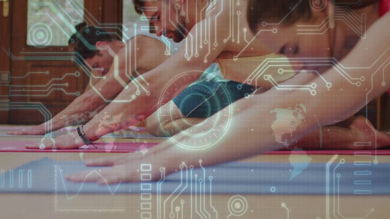 Gruppe auf Zeichen, streckt Arme aus, legt sich auf Yogamatten, Schaltkreis-Overlay verfolgt Unterarme zur Fitnessmessung.