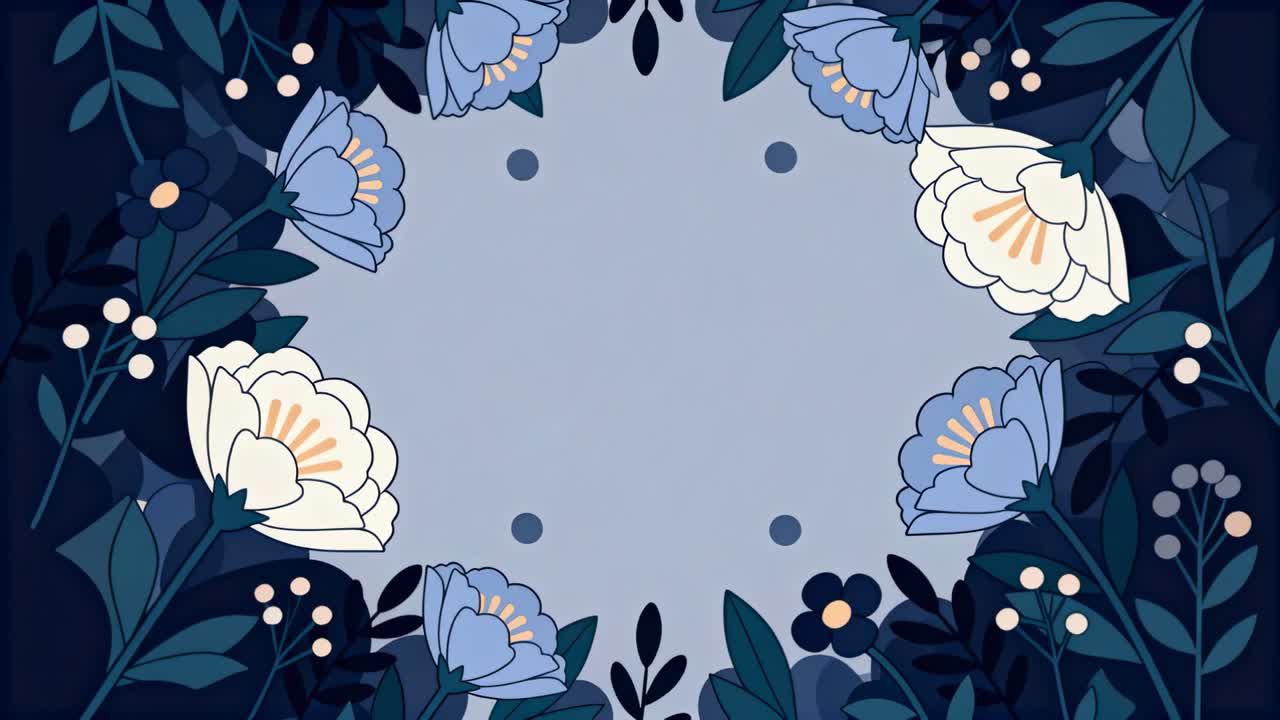 Cornice floreale animata con fiori blu che si chiudono verso l'interno su un centro lavanda, rivelando quattro indicatori per il testo