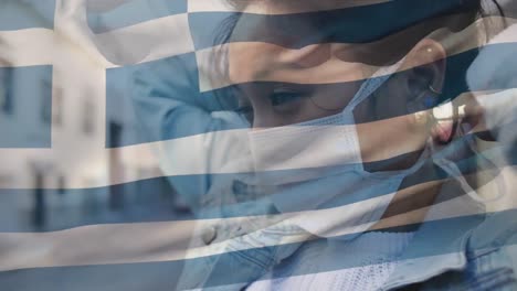 Animación-De-La-Bandera-De-Grecia-Ondeando-Sobre-Una-Mujer-Con-Mascarillas.