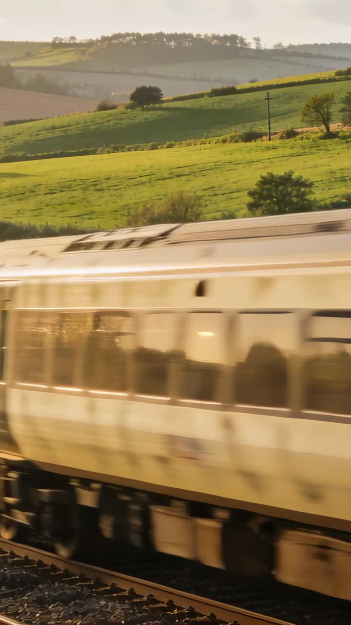 Vertical video: Entering left, green coach carrying people across rails by hedge with yellow stripe
