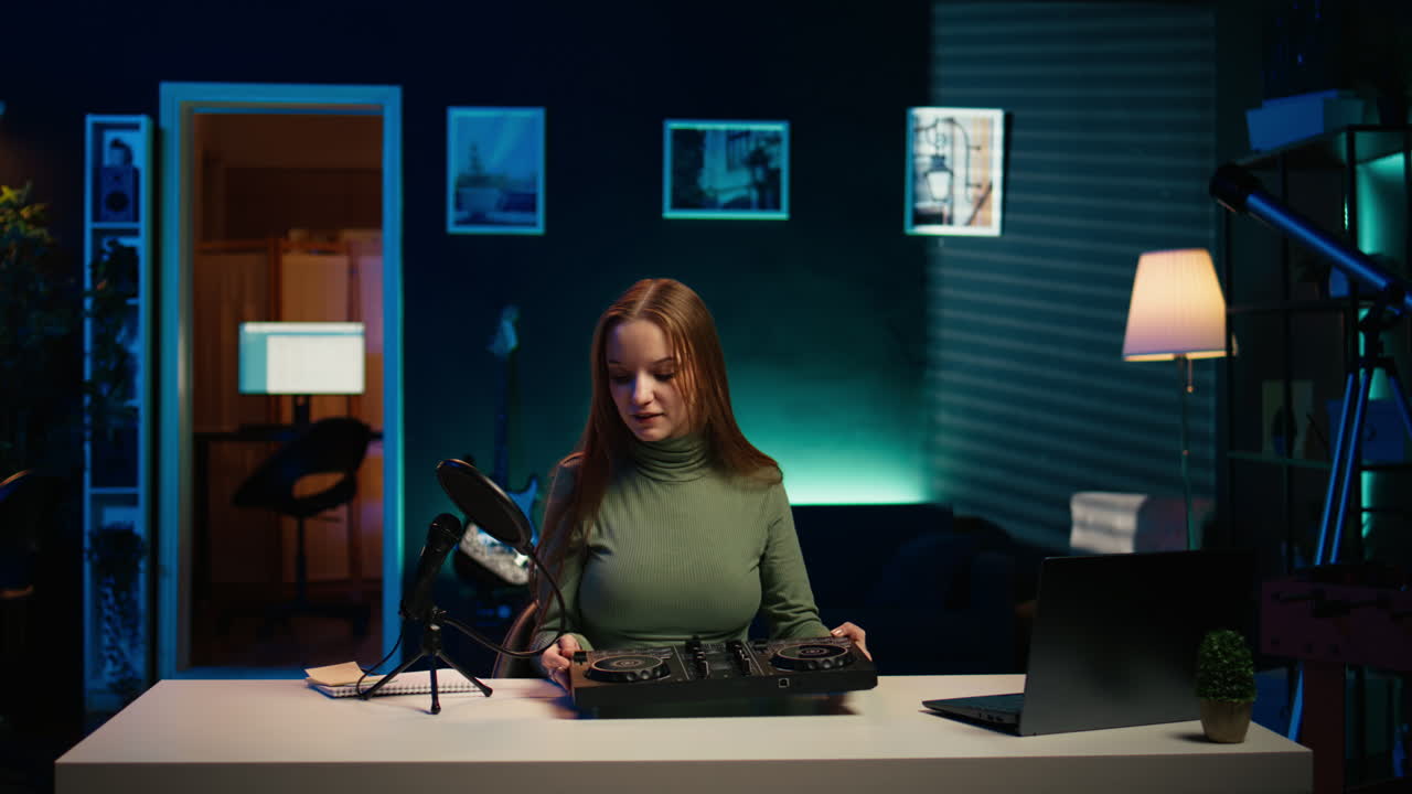 jóvenes artistas felices películas dj tutorial de mezcla en el estudio del apartamento