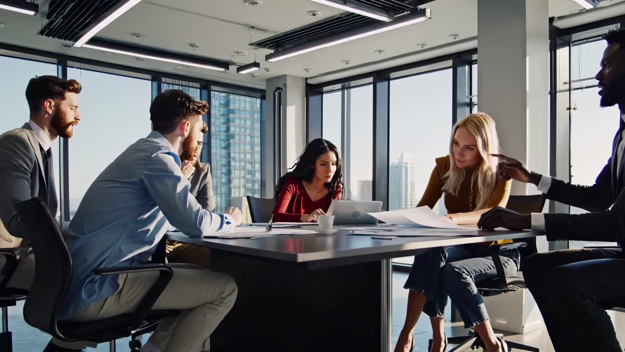 Video of a diverse business meeting in a modern office, captured from a side angle