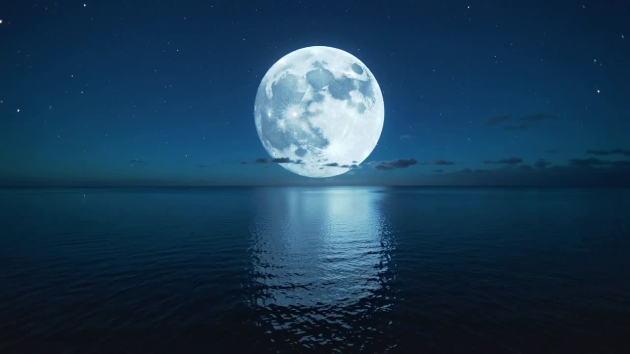 Reaching horizon, full moon casting pale reflection to illuminate ocean surface at night with stars
