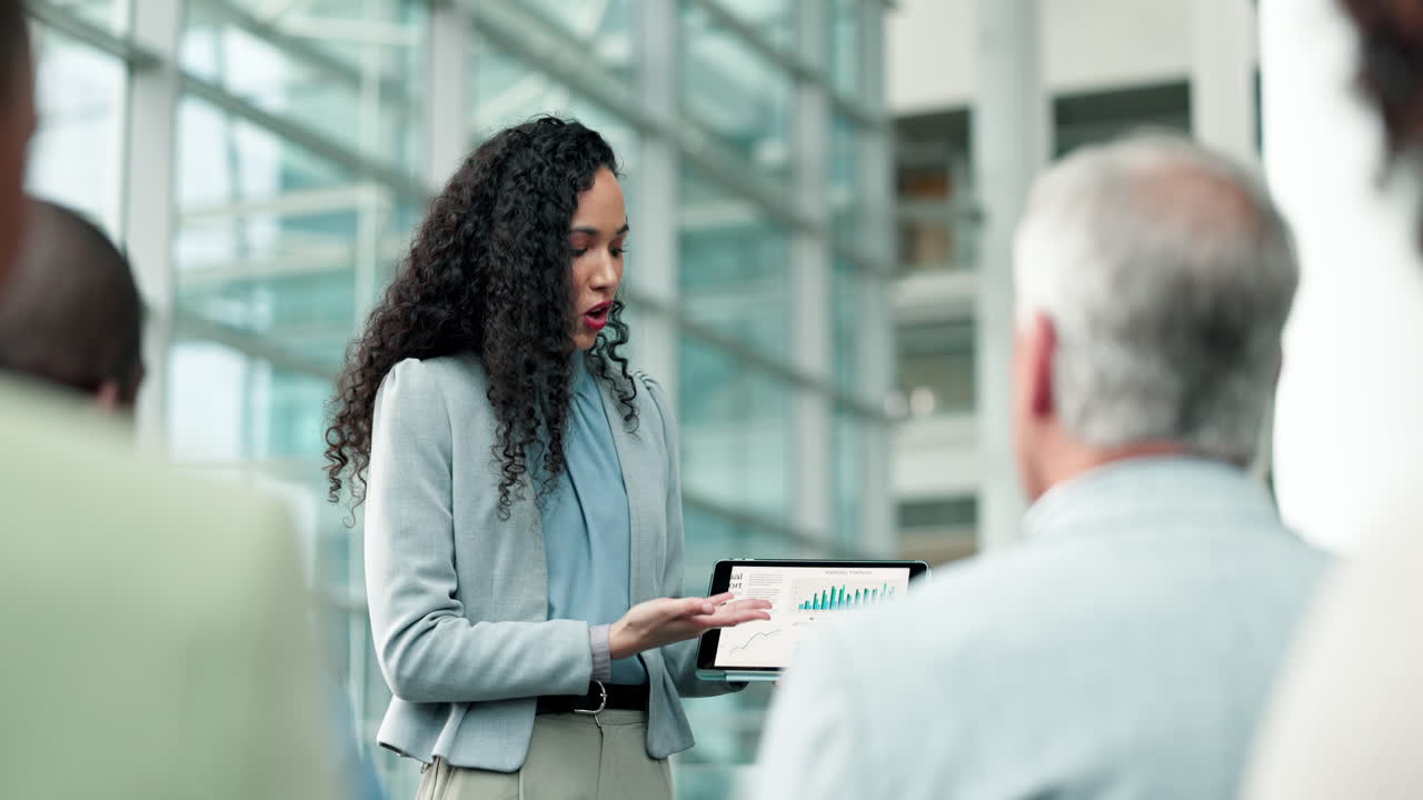 Tablet, coaching and presentation with woman