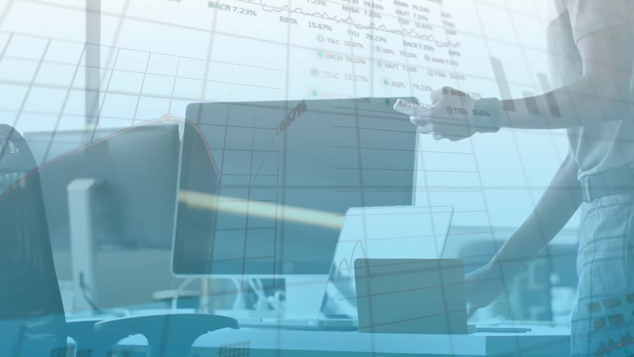 Animation of stock market data processing over mid section of woman using digital tablet at office