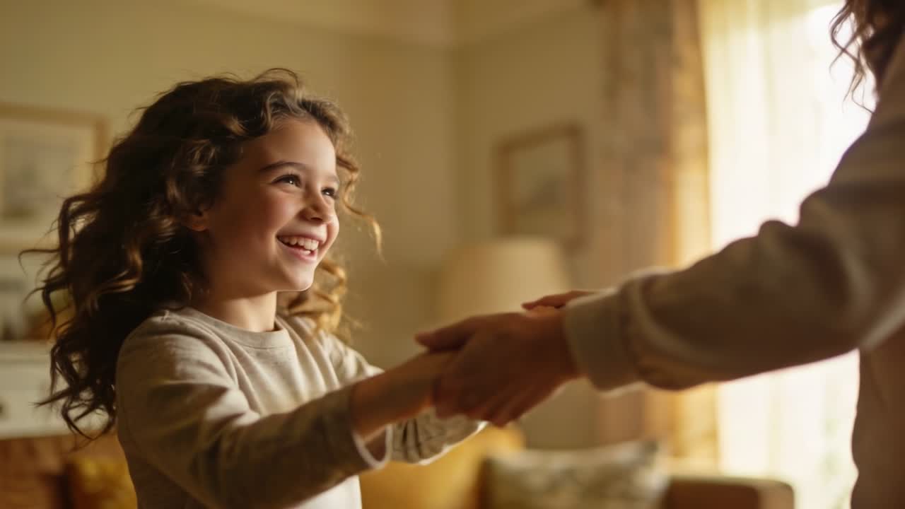 Bambino sorridente con una maglietta chiara a maniche lunghe che tiene le mani di un adulto e ondeggia in soggiorno, illuminato dalla luce della finestra.