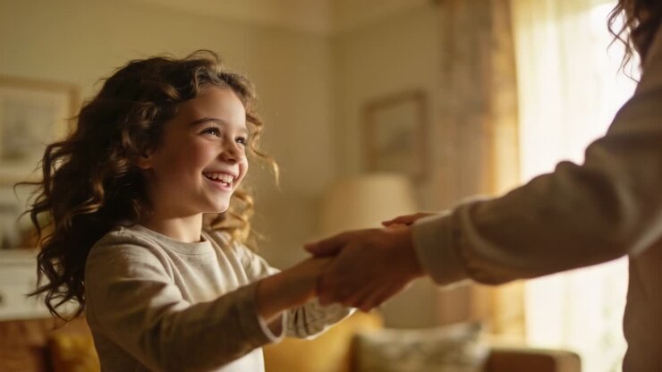 Bambino sorridente con una maglietta chiara a maniche lunghe che tiene le mani di un adulto e ondeggia in soggiorno, illuminato dalla luce della finestra.