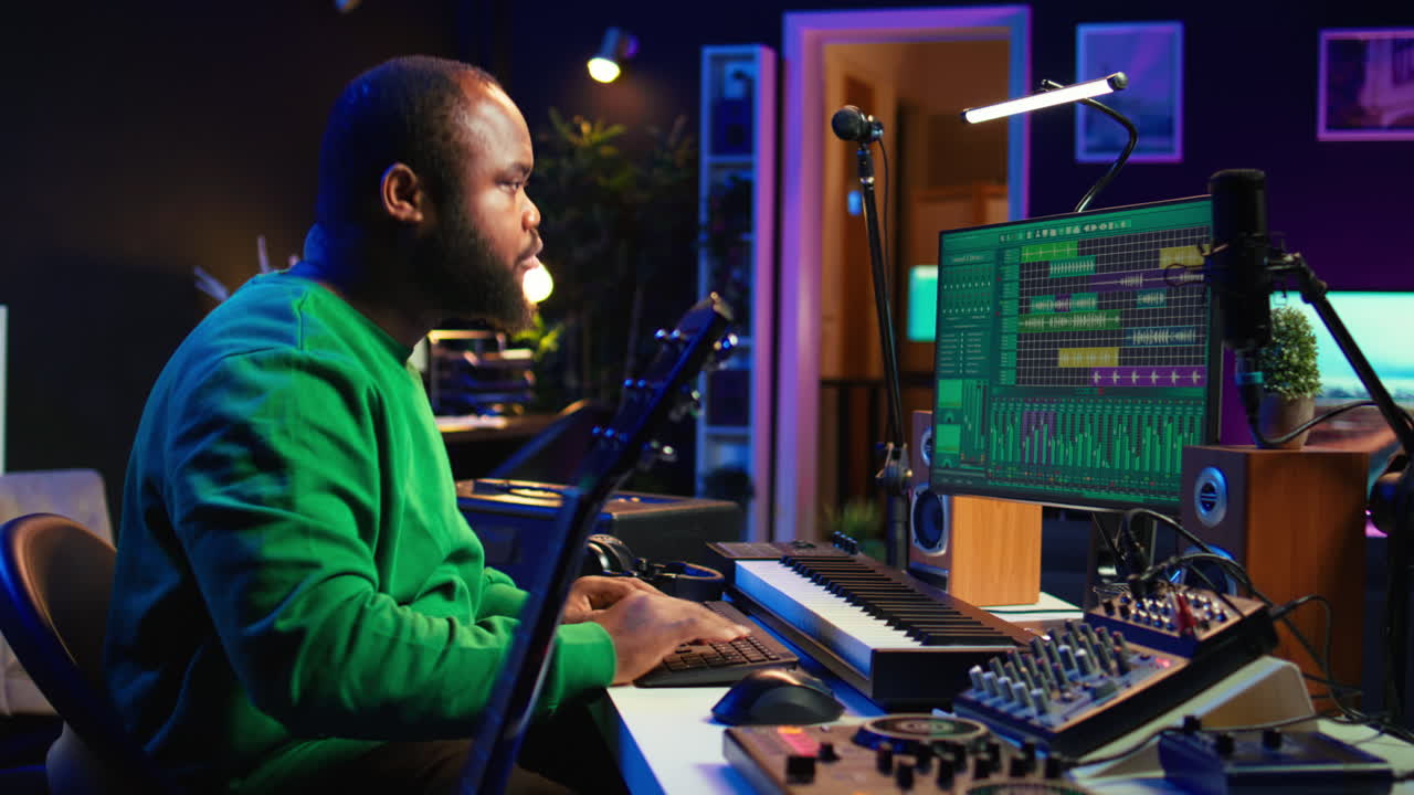 compositor creativo cantando una melodía y tocando la guitarra