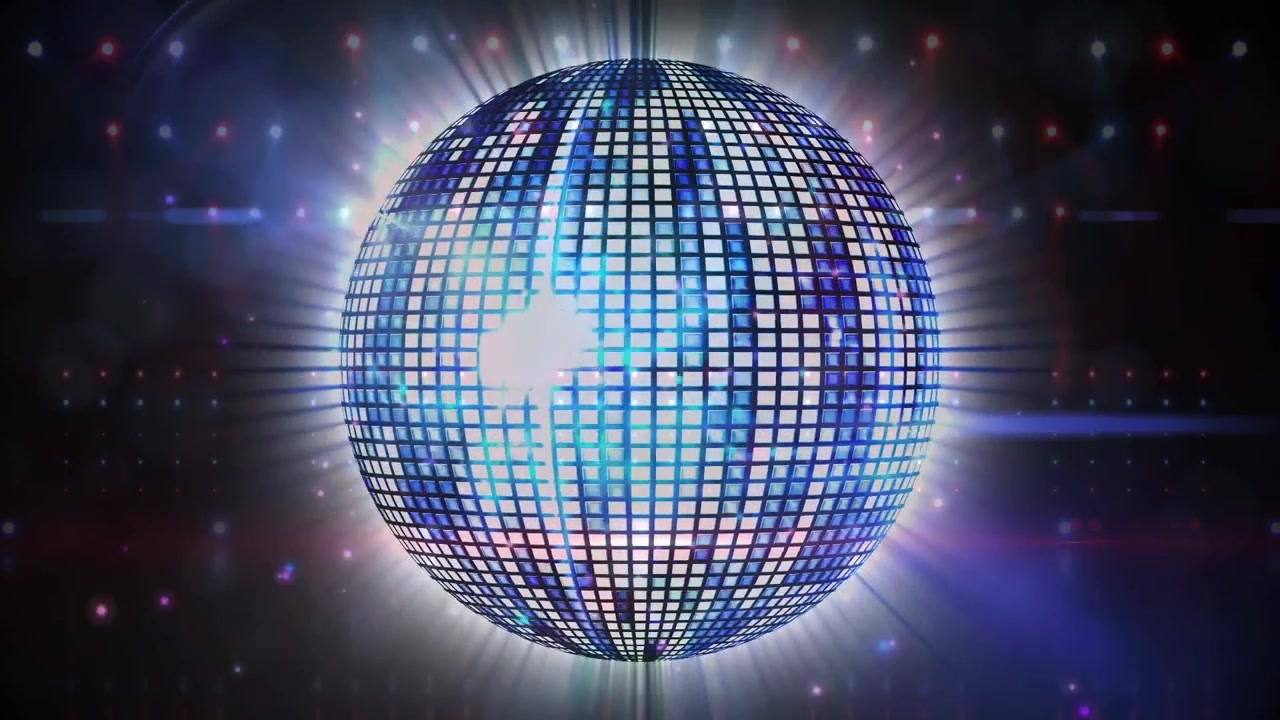 Animazione di punti luce sopra una palla da discoteca blu che gira su sfondo nero.