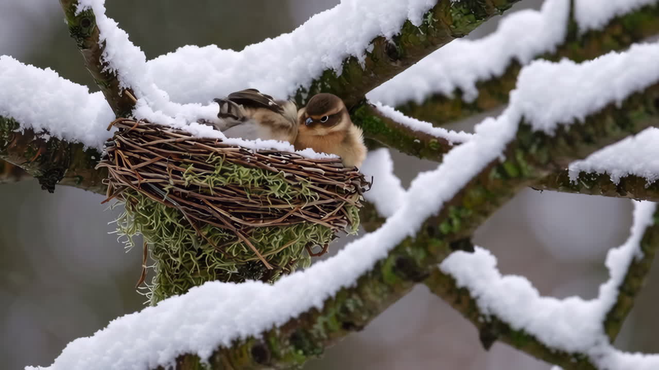 Zwei Vogelküken in einem verschneiten Nest