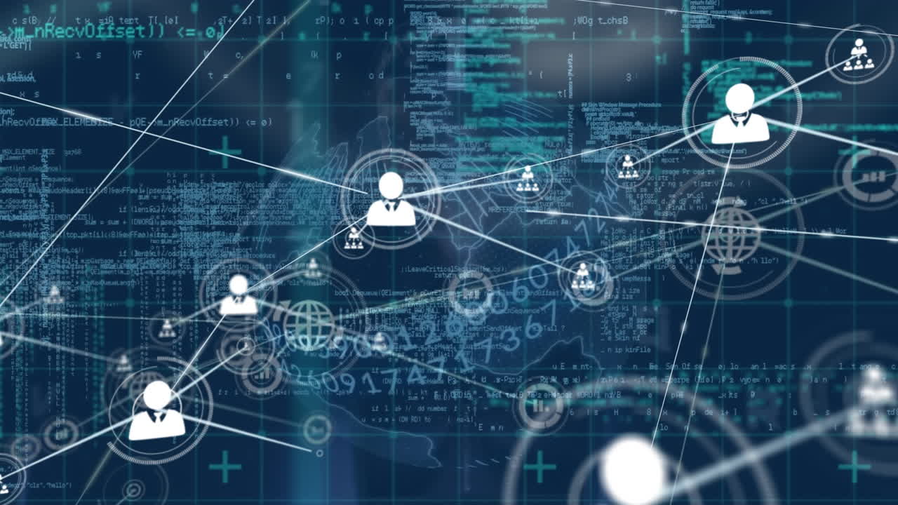 Animation of network of connections with people icons and data processing