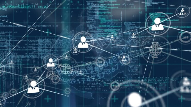 Animation of network of connections with people icons and data processing