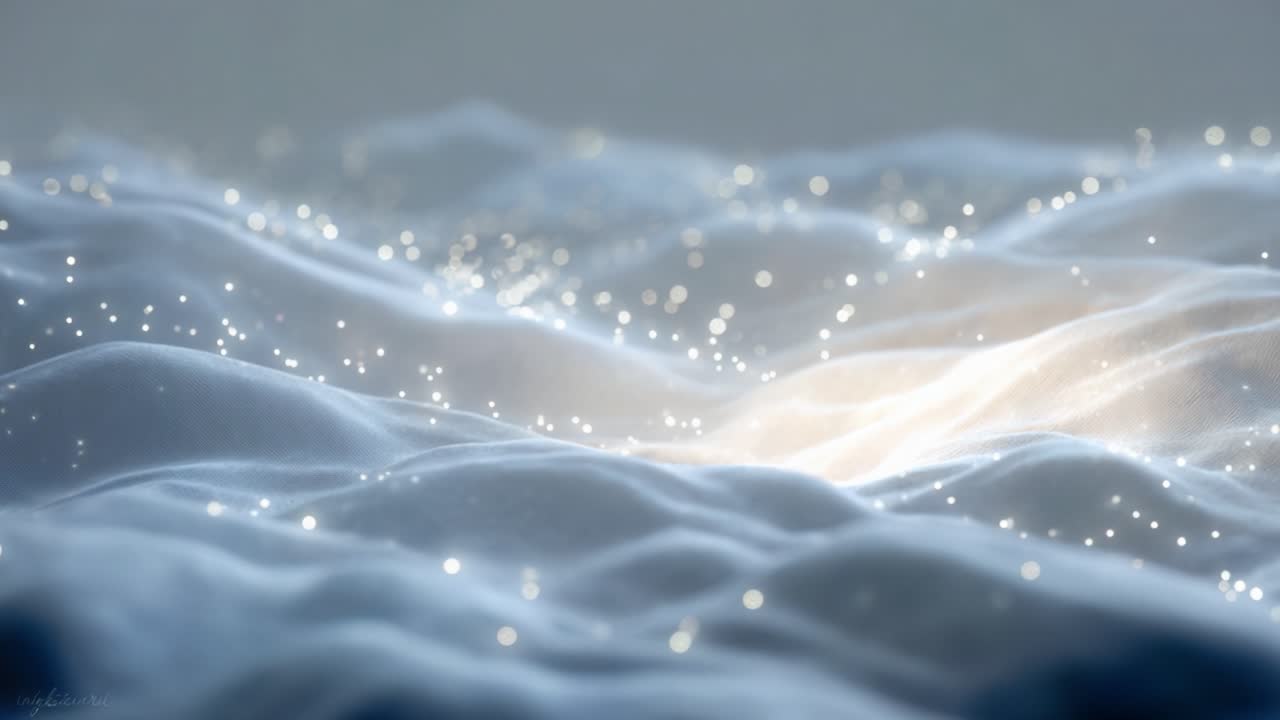 Enchanting waves shimmer with sparkling particles, creating a serene and ethereal atmosphere reminiscent of a mystical landscape bathed in soft light and gentle textures
