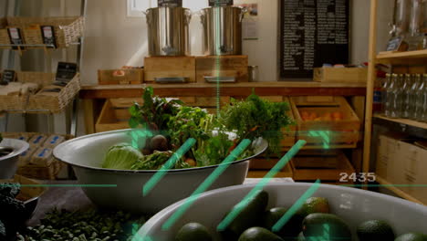 fresh vegetables and fruits displayed in market with digital data overlay animation
