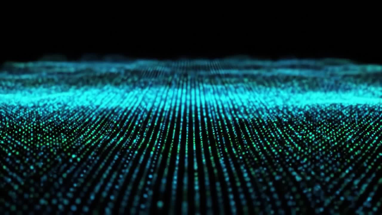 Experience a mesmerizing display of blue data waves flowing across a dark digital landscape, showcasing vibrant patterns and movements. This captivating view illustrates the beauty of technology.