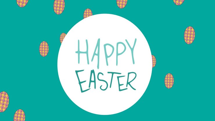 Animation of happy easter text over easter eggs on green background