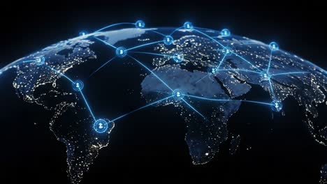 A High-Tech Glimpse of Global Connectivity: Illuminated Network Connections Across a Nighttime World Map Showcasing Modern Interactions and Data Flow