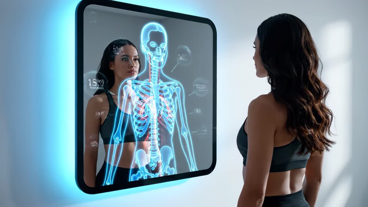 Woman Analyzing Health Data in Futuristic Mirror