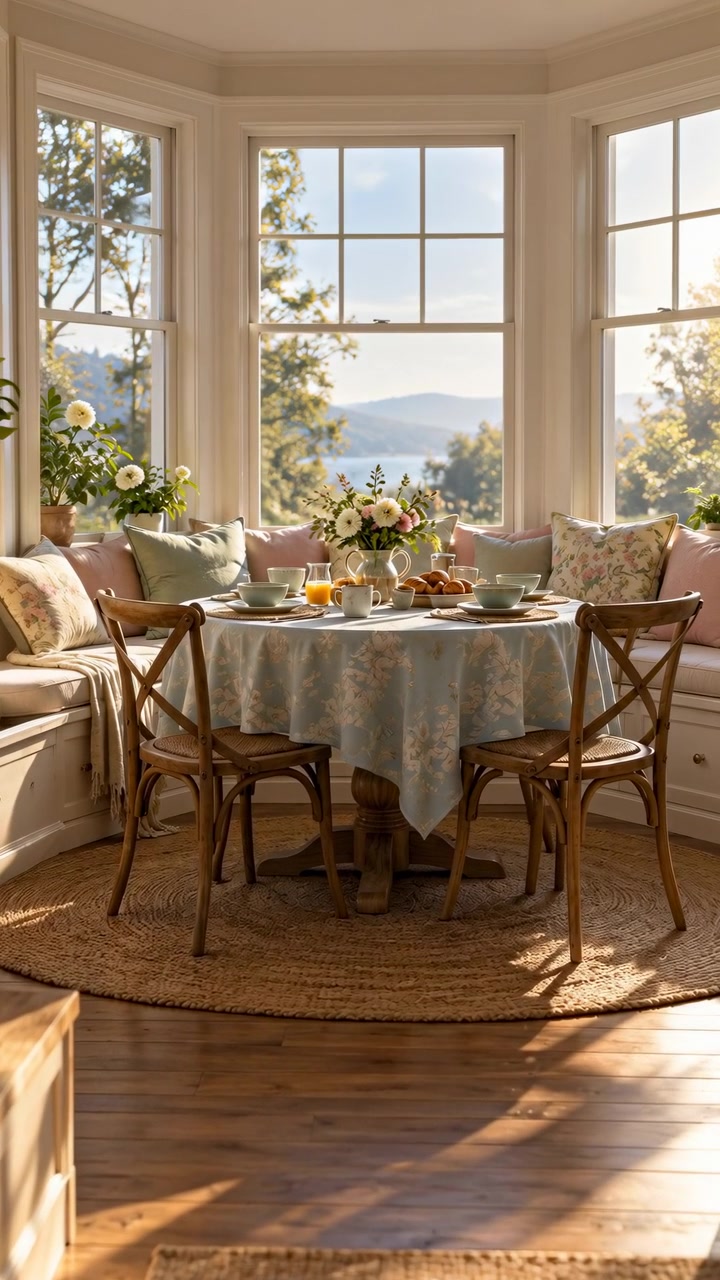 Warm sunlight fills a cozy windowed dining nook where cups, plates, pastries, juice, and fresh flowers cover a round table framed by wooden chairs, soft cushions, trees, water, and hills.