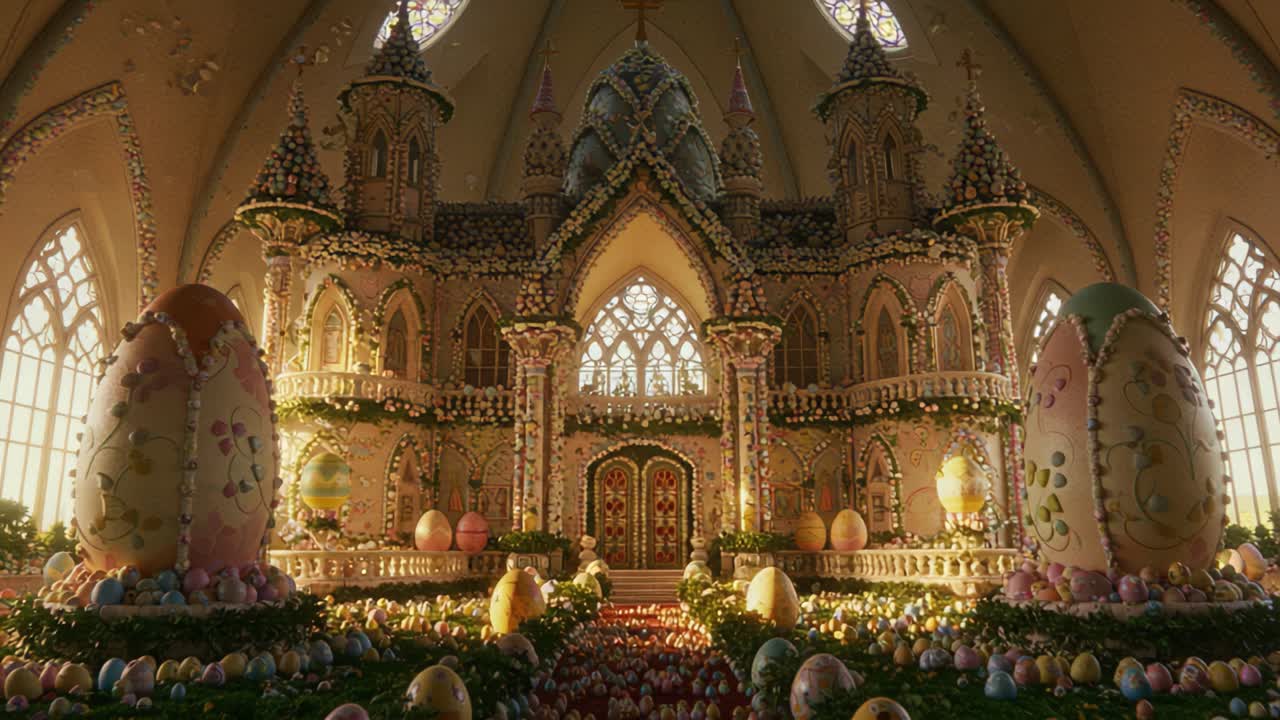 A Magnificent Gingerbread Castle with Colorful Easter Eggs Surrounded by Floral Decorations, Showcasing a Whimsical and Enchanting Atmosphere in Unique Architectural Style