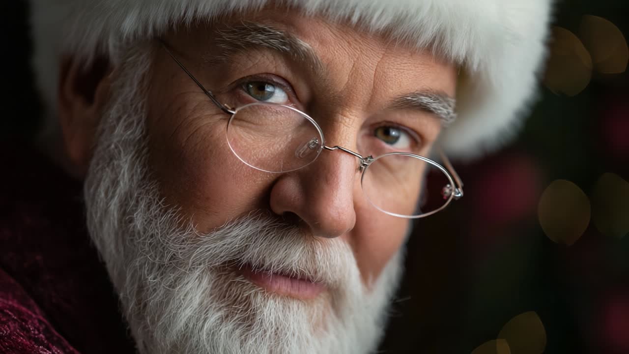 A Close-Up Portrait of a Charming Older Man Dressed as Santa Claus Featuring a White Beard, Round Spectacles, and a Festive Red Outfit Surrounded by Soft Glowing Holiday Lights that Create a Magical Atmosphere