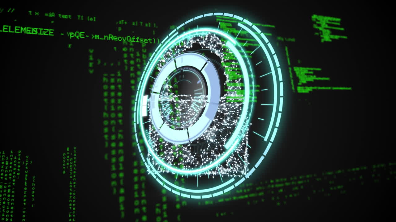 Animation of processing circle over data processing on black background