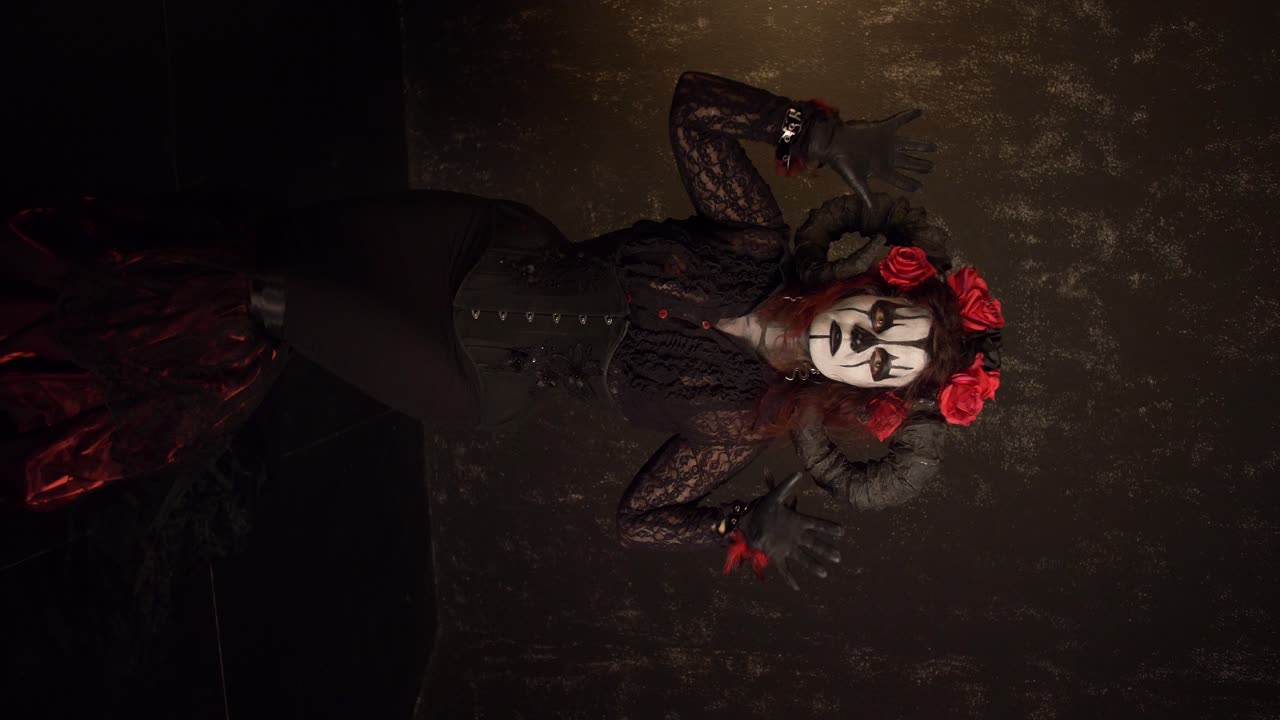 Catrina Cosplay girl moving slowly and dancing sensually in a Dark Blackground, Full shot