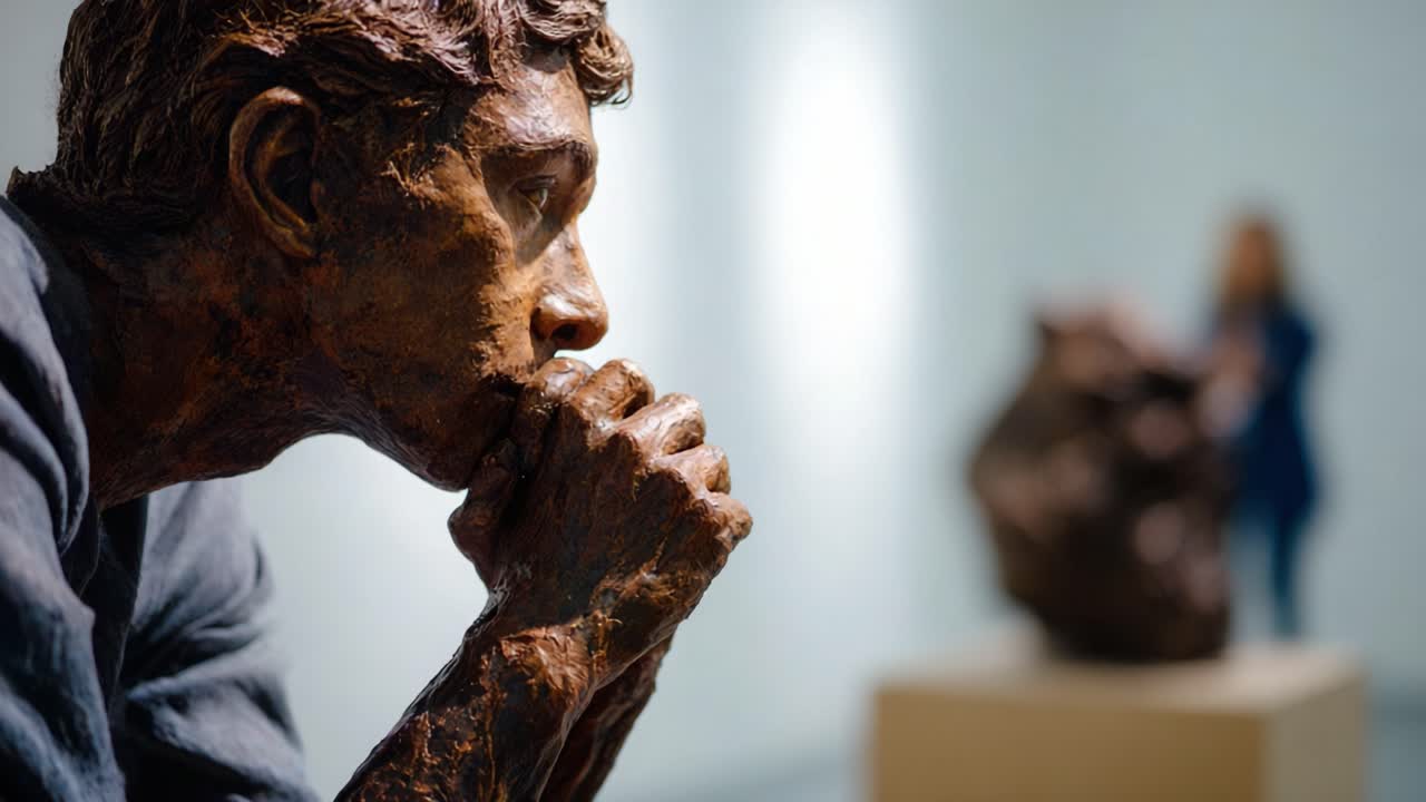 Thoughtful Bronze Sculpture in an Art Gallery with a Viewer Observing Another Artwork in the Background, Capturing the Essence of Reflection and Artistic Expression