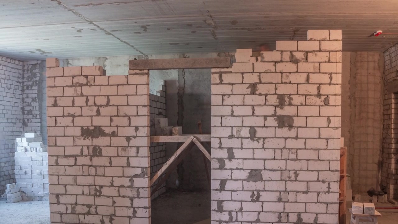 Builders laying brick walls inside appartment with professional tools timelapse. Workmen at work, bricklayers building wall, contractor and worker. Building materials around