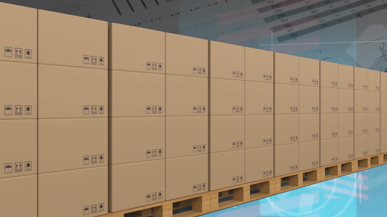 Animation of statistics and financial data processing over cardboard boxes
