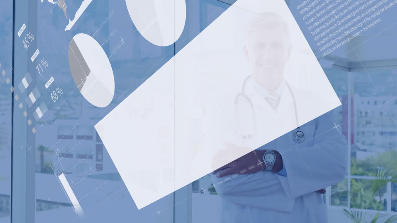 Senior male doctor standing in medical office, overlaying digital charts with 45% and 71% labels