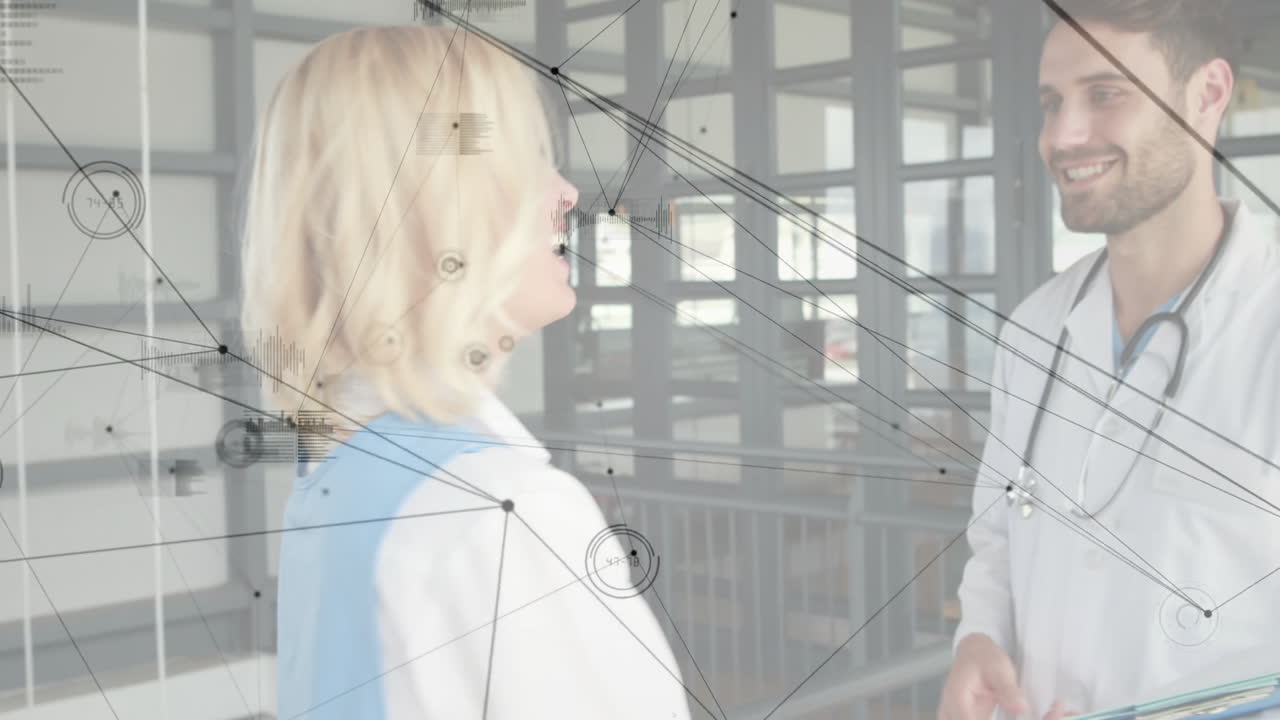 Doctor and nurse holding clipboard and stethoscope in corridor, showing network graphic overlay