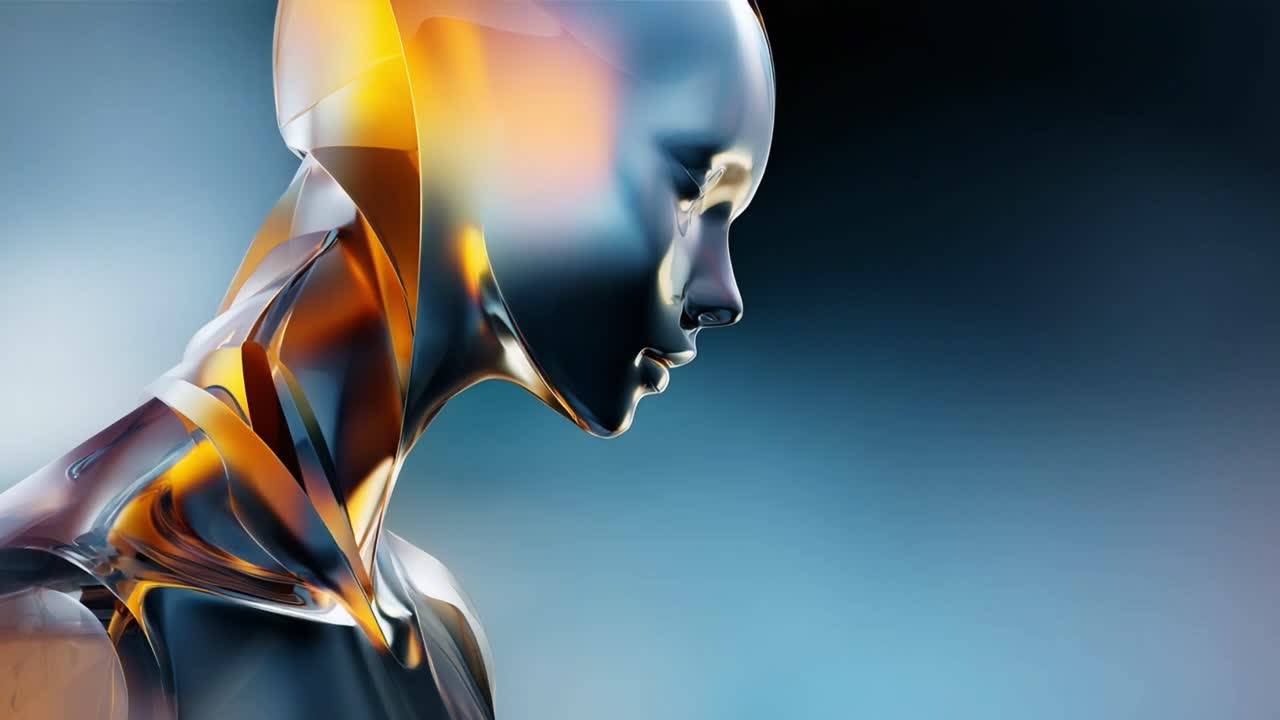 A stunning portrayal of a futuristic robotic figure, highlighting intricate designs and captivating lighting that accentuate its metallic body and fluid contours in a modern, abstract environment