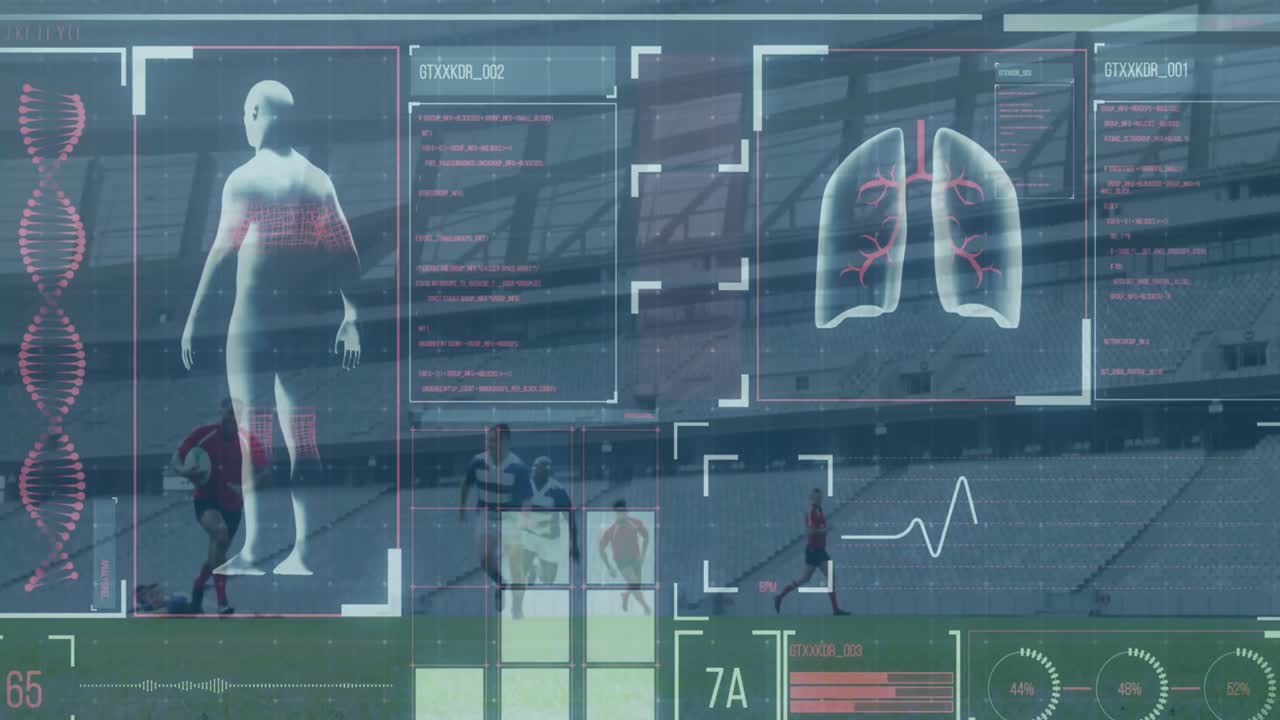 축구 선수에 대한 데이터 처리와 함께 디지털 인터페이스의 애니메이션