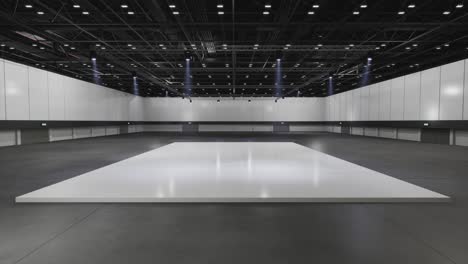 movimiento exposición de sala vacía con iluminación. telón de fondo para puestos, cabina, producto. gran sala para conferencia, en línea.3d fondo para entretenimiento, concierto, evento, deportes, en vivo. bucle de animación 4k.3d render.
