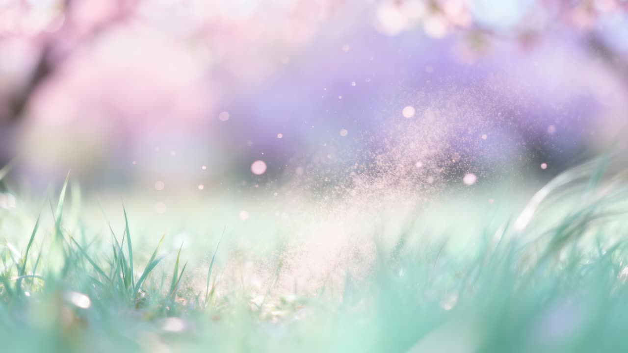 Swaying grass blades forming mist puff as breeze lifting petals and pollen in garden, with dew