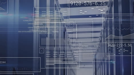 data processing and analytics animation over server racks in data center