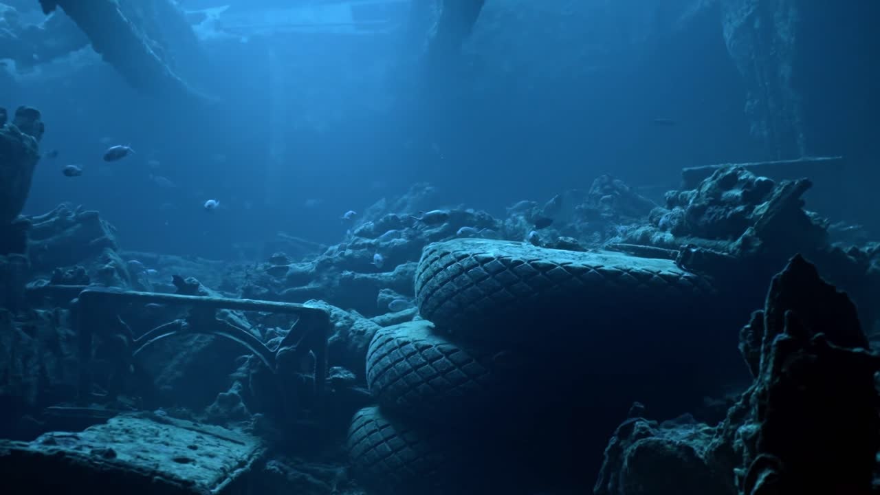 Deep inside the forward cargo hold (trucks level) of the SS Thistlegorm wreck, rows of weathered 1940s Bedford trucks stand preserved in the shadows, their tires prominently visible