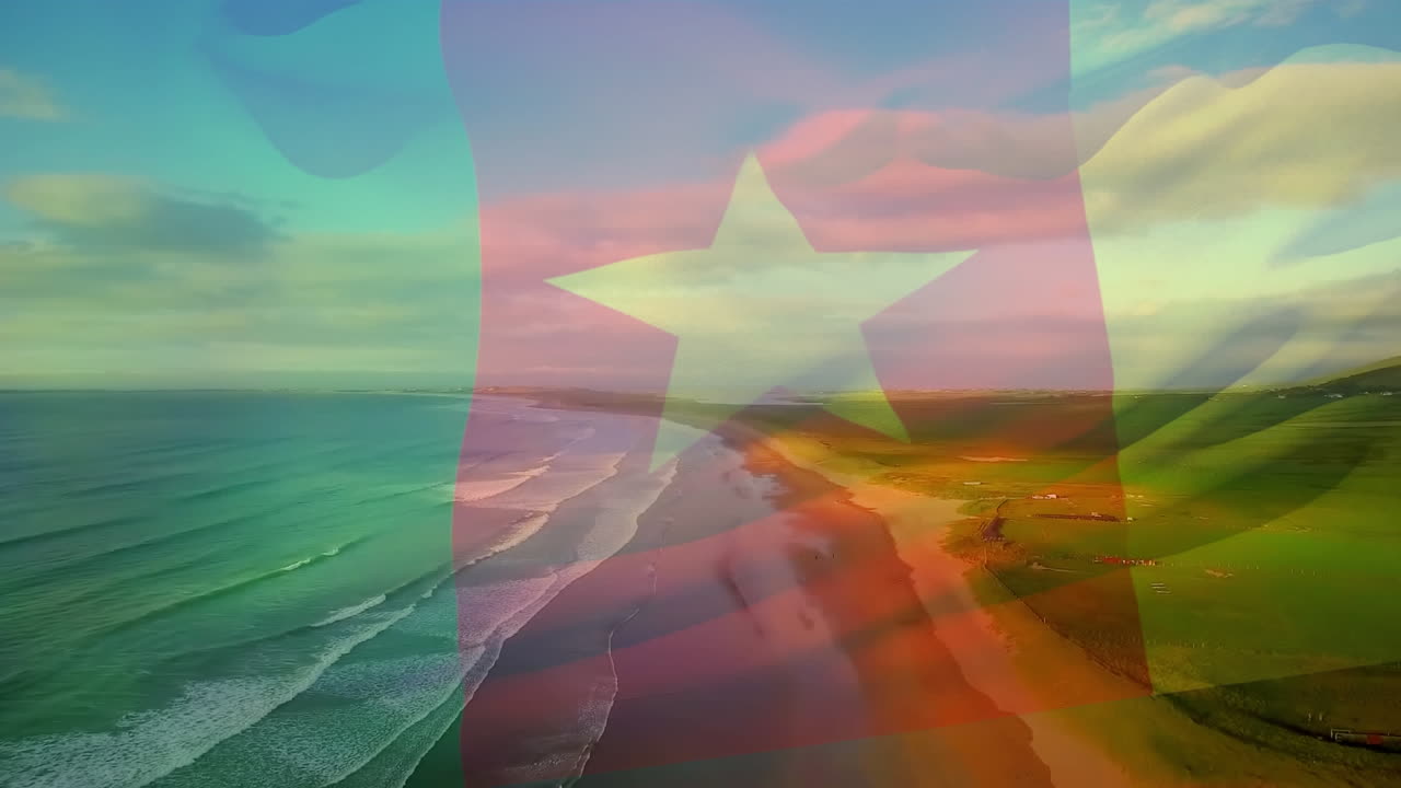 animación de la bandera de camerún ondeando sobre el paisaje marino