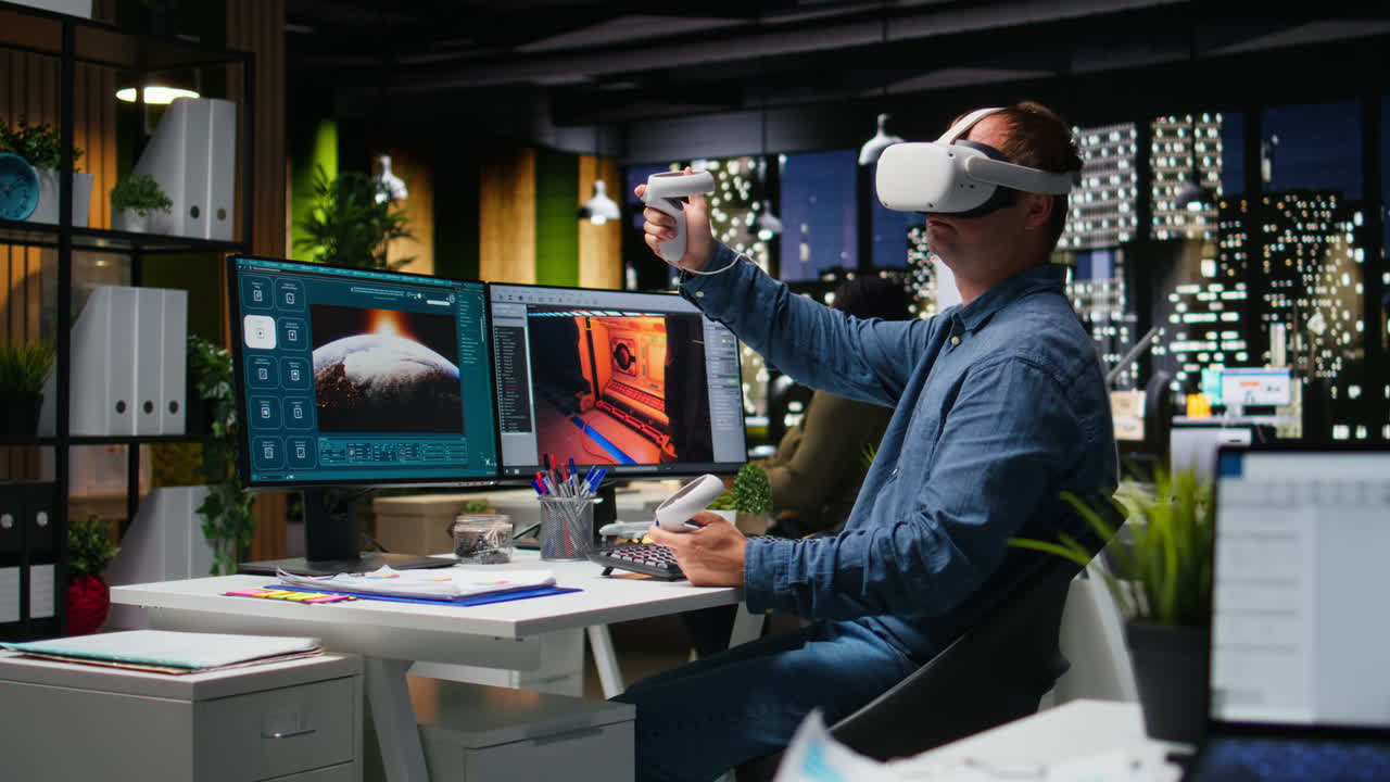 Professional male developer operating VR glasses to create spaceship station