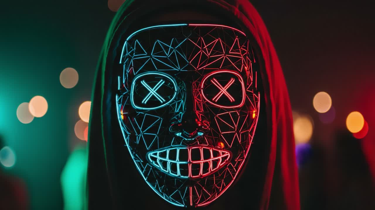 A captivating illuminated mask featuring intricate geometric patterns and glowing facial features, set against a vibrant backdrop of colorful bokeh lights