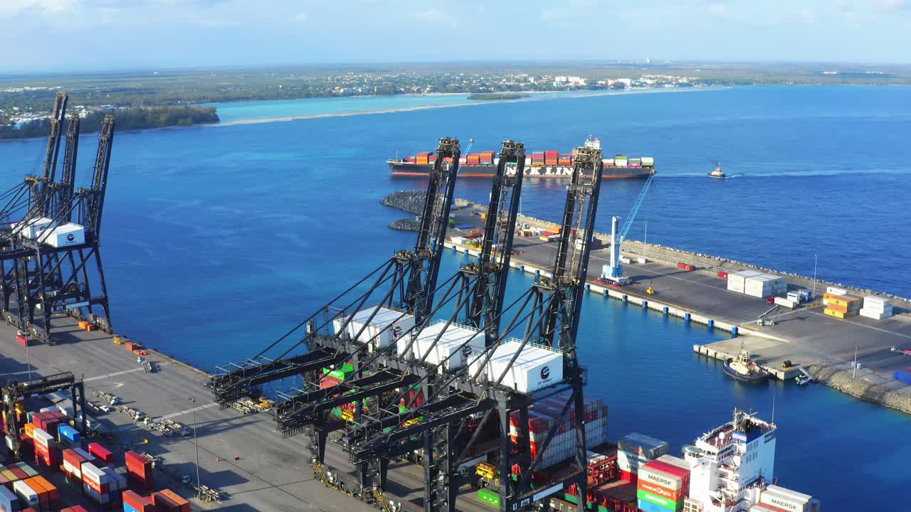 Mobile cranes at Caucedo port in Dominican Republic. Aerial shot
