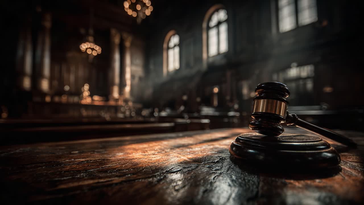 The Timelessness of Justice: A Close-Up of a Gavel in a Cathedral-Like Courtroom, Bathed in Soft Light and Enveloped in a Sense of Authority and Tradition