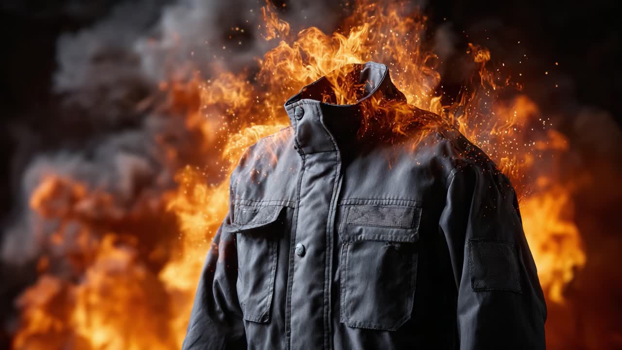A Mysterious Headless Jacket Surrounded by Fiery Flames and Billowing Smoke, Capturing the Intense Drama of Heat and Action in a Striking Visual Display