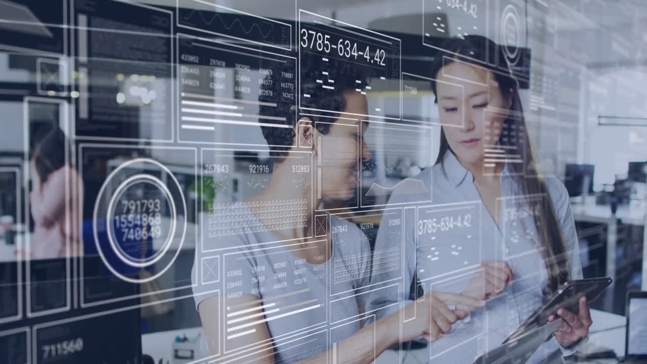 사무실에서 다양한 비즈니스 사람들에 대한 데이터 처리의 애니메이션