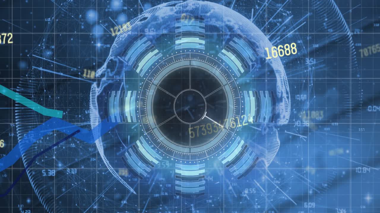 여러 개의 변화하는 숫자와 파란색 그래프가 파란색 배경에 대한 둥근 스캐너에 대해 움직입니다.