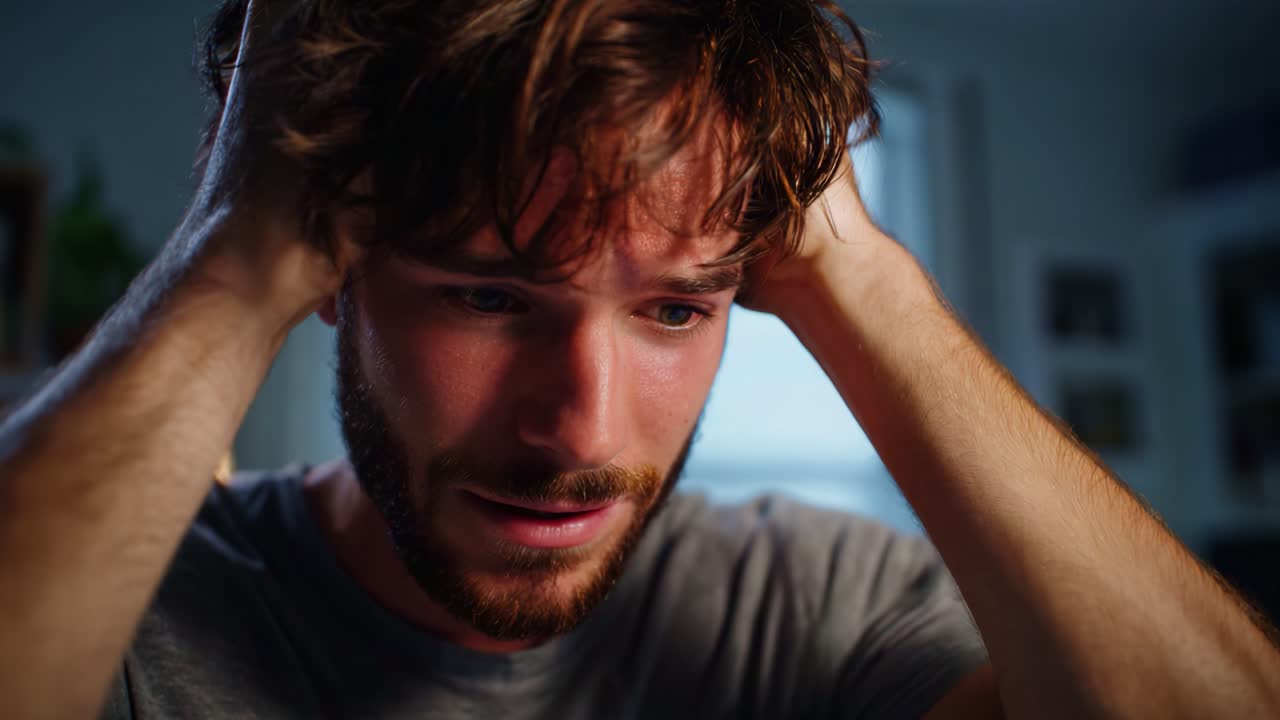 Young man in distress showing signs of anxiety and emotional turmoil, with hands on head, capturing a moment of deep contemplation and inner struggle